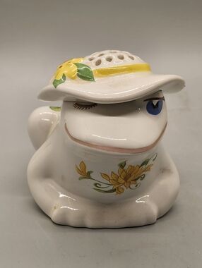 1980 Avon Ceramic Frog Figurine with Sunflower Hat White and Yellow